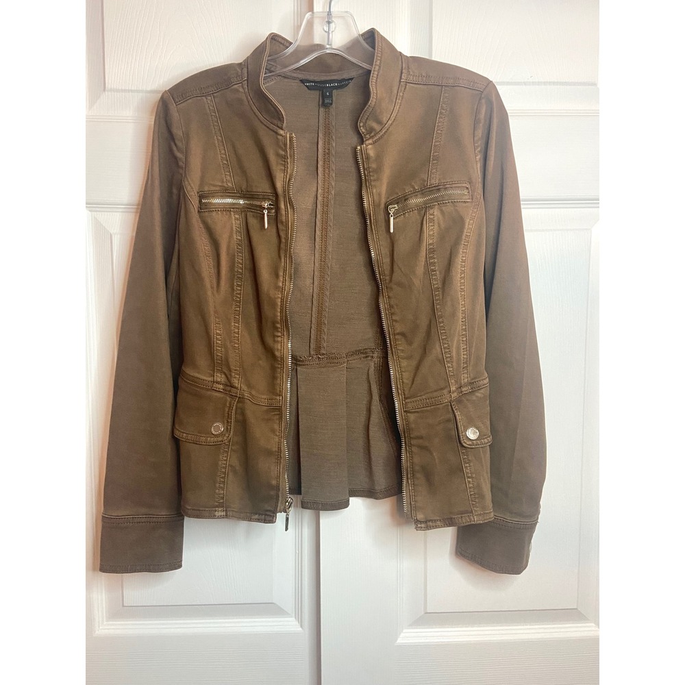 White House Black Market Brown Utility Peplum Jacket Sz 6 Zip Front Military